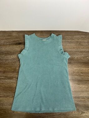 Blue Buttercup Ribbed Knit Tank Top  Green Ruffle Sleeve Fitted Top Made in USA